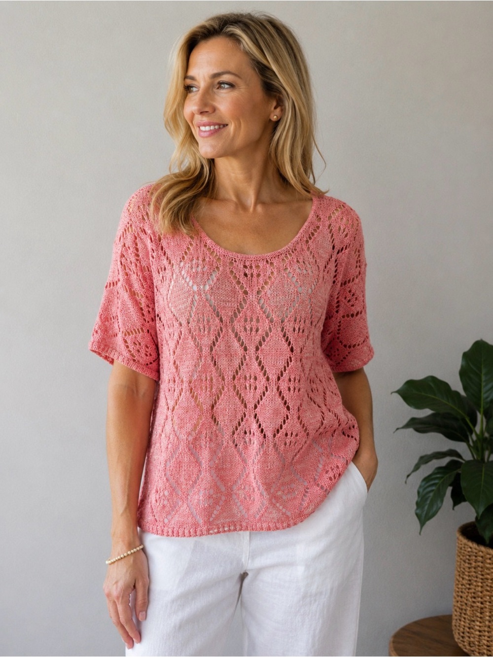 Leo & Nicole Bubblegum Pink Openwork Knit‎ Top